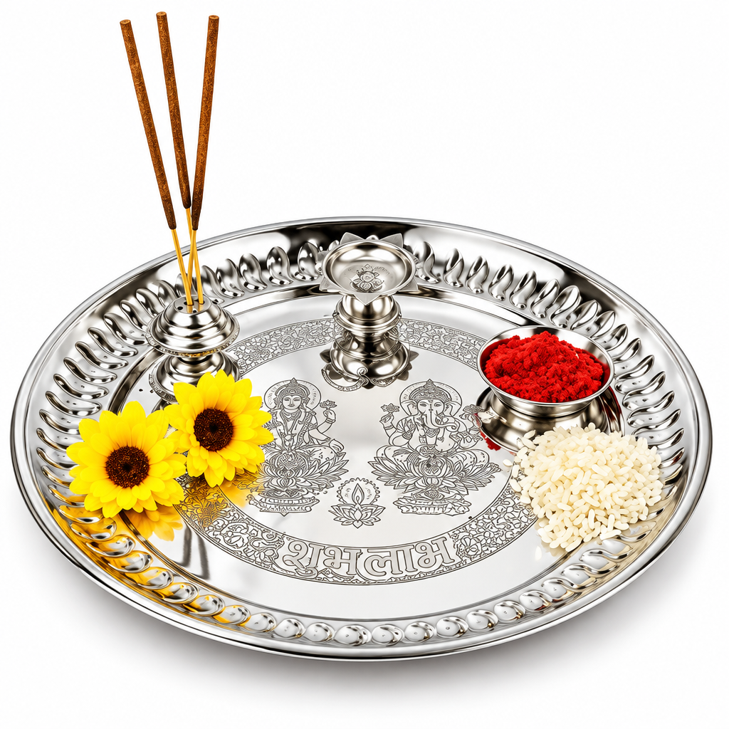 Stainless steel pooja thali with small holders and puja items arranged on the plate