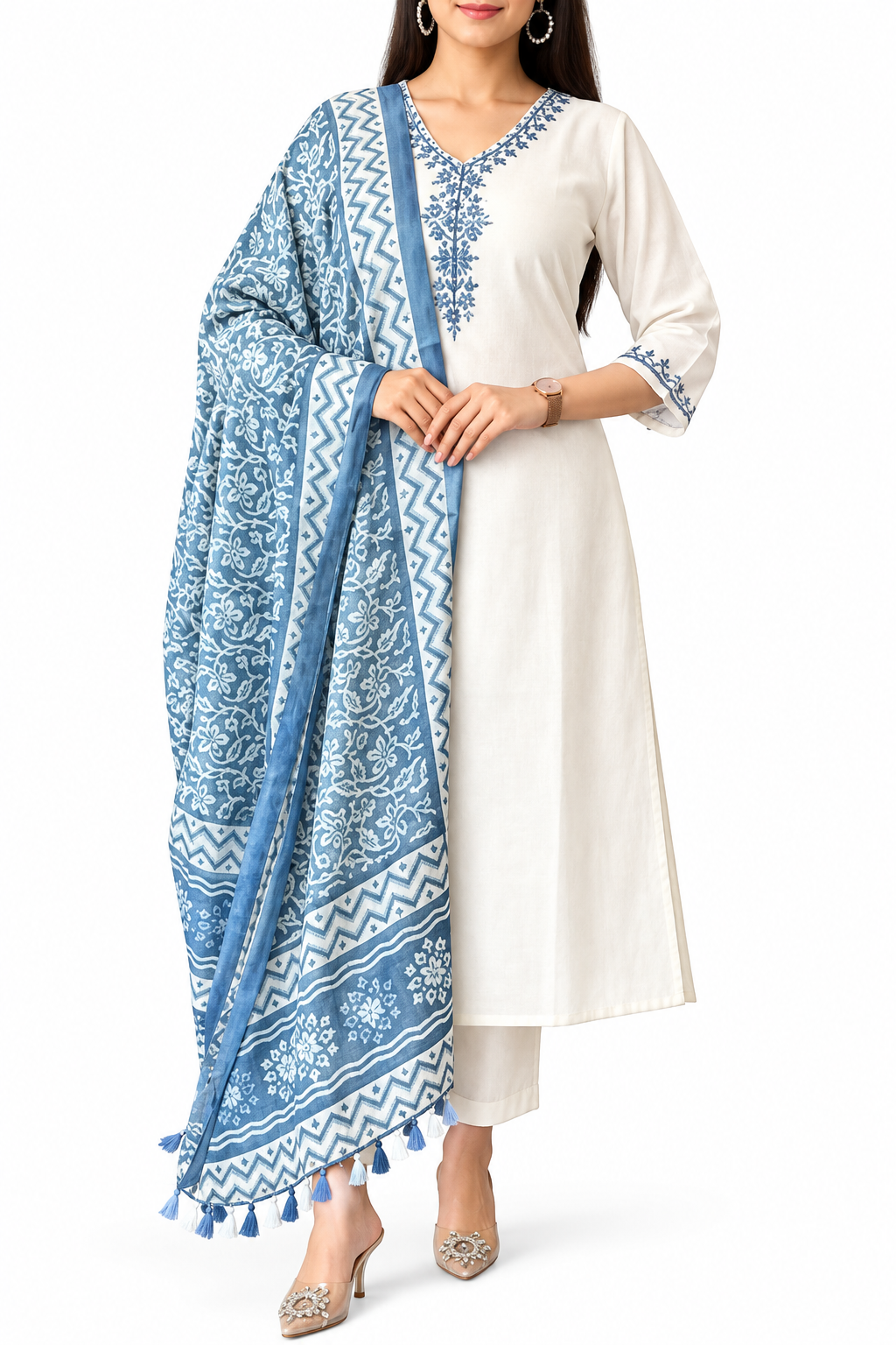 Full-length view of cream kurta, pants and aqua dupatta