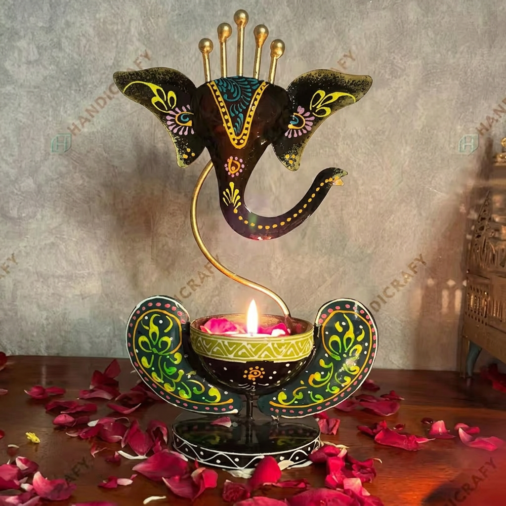 Ganesha metal tealight candle holder with floral decoration