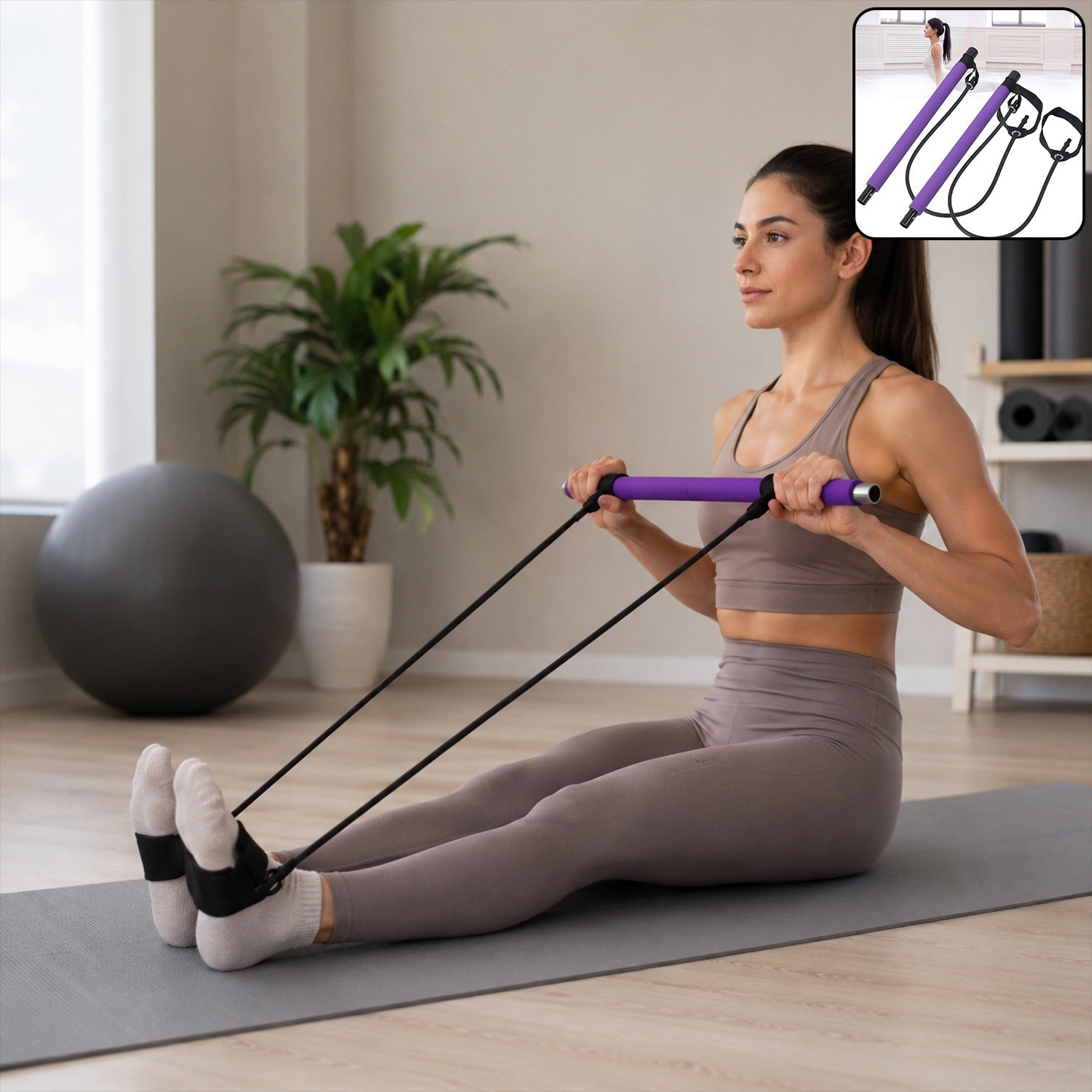 Fitness Exercise Tube Rod Gym Equipment Pilates Bar With Resistance Bands (2 Pc)