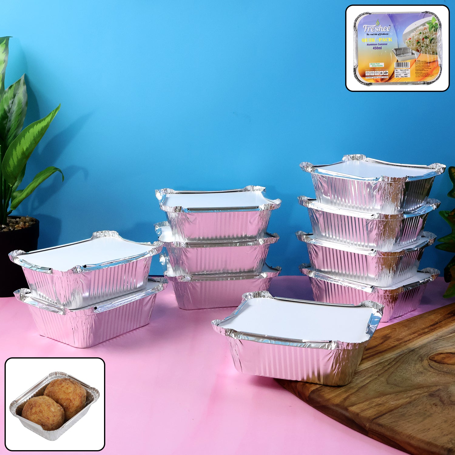 Freshee Aluminium Food Container With Lid  450 Ml  10 Pc