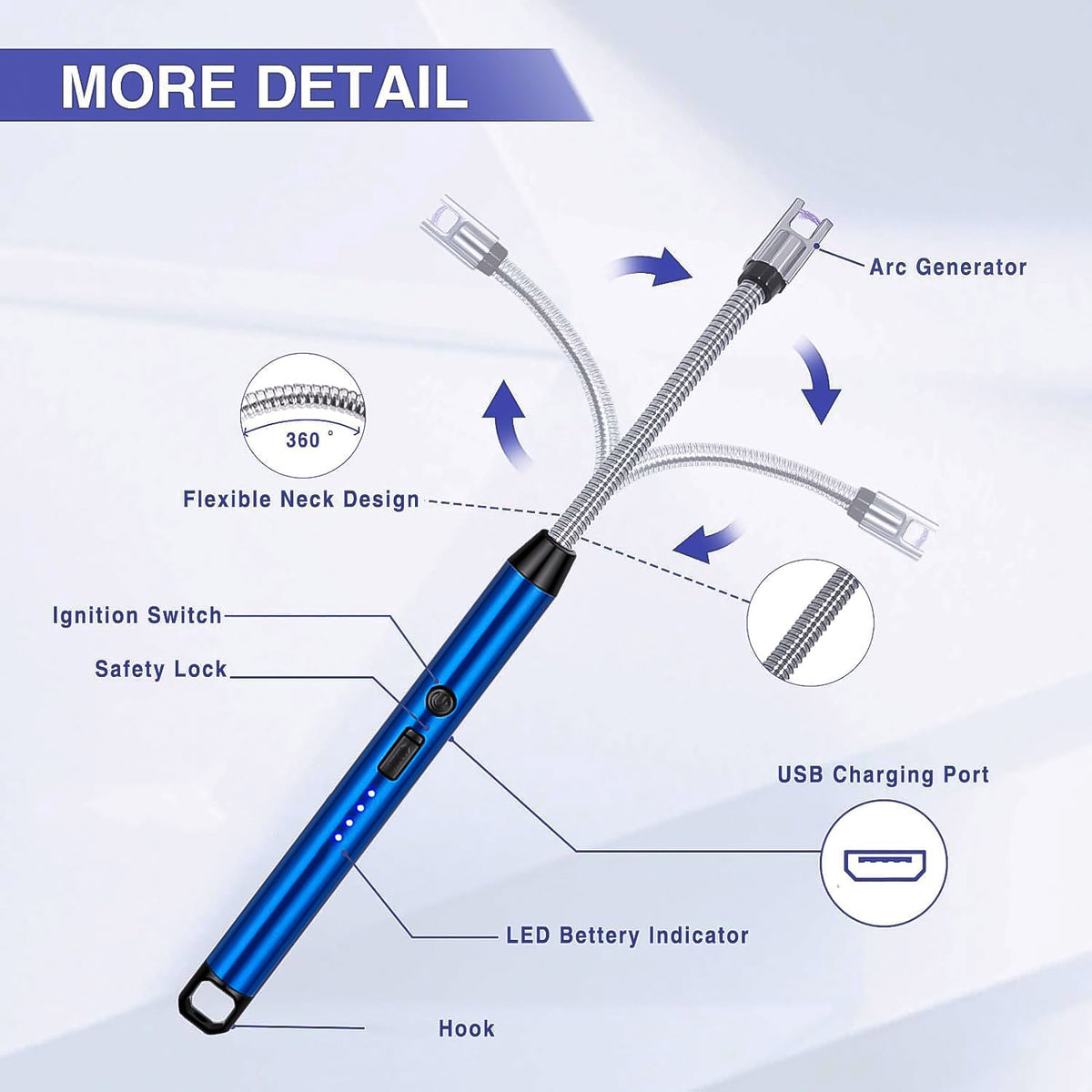 Metal Rechargeable Electric Arc Lighter With Flexible Neck (1 Pc)